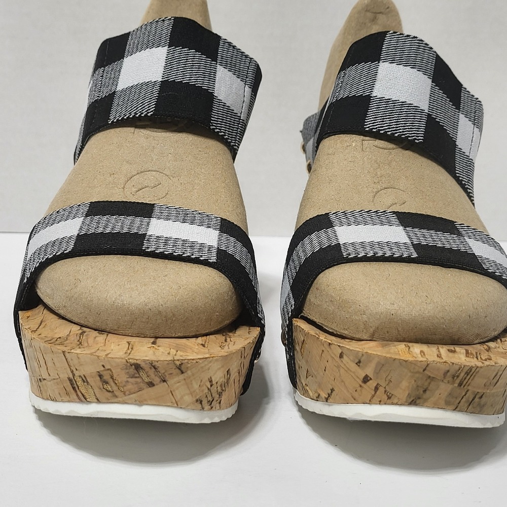 Comfort Est 1946 Womens Buffalo Plaid Cork Wedge Platform Sandals Black White 9 - Picture 4 of 10